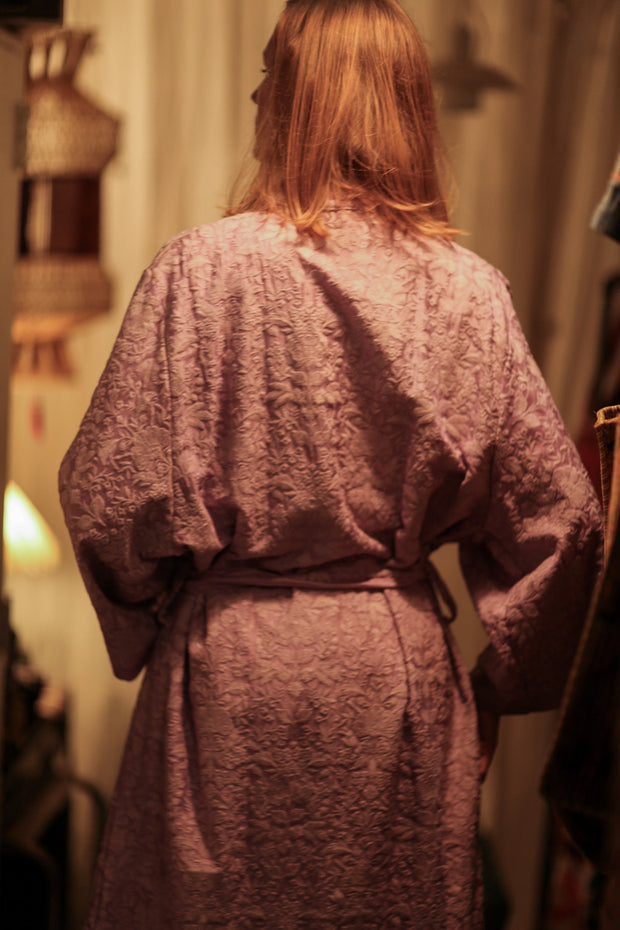 SILK FLORINE LITTLE FLOWERS EMBROIDERED KIMONO LILAC - sustainably made MOMO NEW YORK sustainable clothing, embellished slow fashion