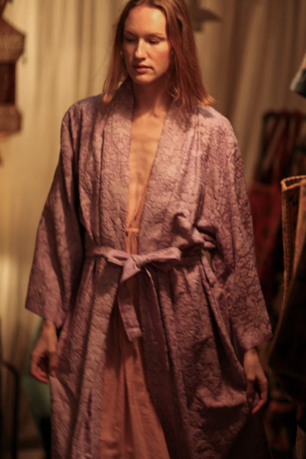 SILK FLORINE LITTLE FLOWERS EMBROIDERED KIMONO LILAC - sustainably made MOMO NEW YORK sustainable clothing, embellished slow fashion