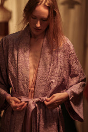 SILK FLORINE LITTLE FLOWERS EMBROIDERED KIMONO LILAC - sustainably made MOMO NEW YORK sustainable clothing, embellished slow fashion