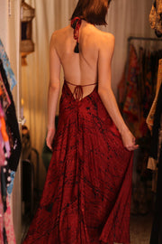 SILK HAND BLOCK PRINT DRESS HANNAH RED ARTIST - sustainably made MOMO NEW YORK sustainable clothing, dresskaftan slow fashion