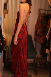 SILK HAND BLOCK PRINT DRESS HANNAH RED ARTIST - sustainably made MOMO NEW YORK sustainable clothing, dresskaftan slow fashion