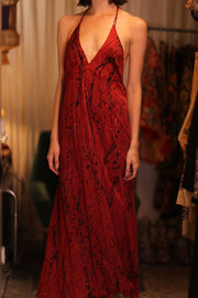 SILK HAND BLOCK PRINT DRESS HANNAH RED ARTIST - sustainably made MOMO NEW YORK sustainable clothing, dresskaftan slow fashion