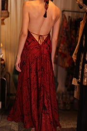 SILK HAND BLOCK PRINT DRESS HANNAH RED ARTIST - sustainably made MOMO NEW YORK sustainable clothing, dresskaftan slow fashion