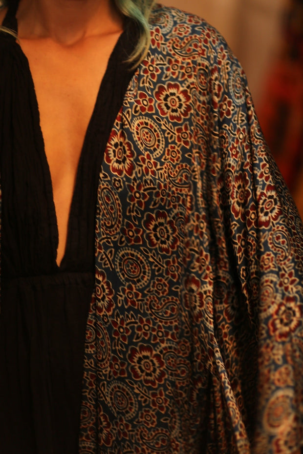 SILK HAND BLOCK PRINT KIMONO PINA BLUE LAGOOON - sustainably made MOMO NEW YORK sustainable clothing, Kimono slow fashion