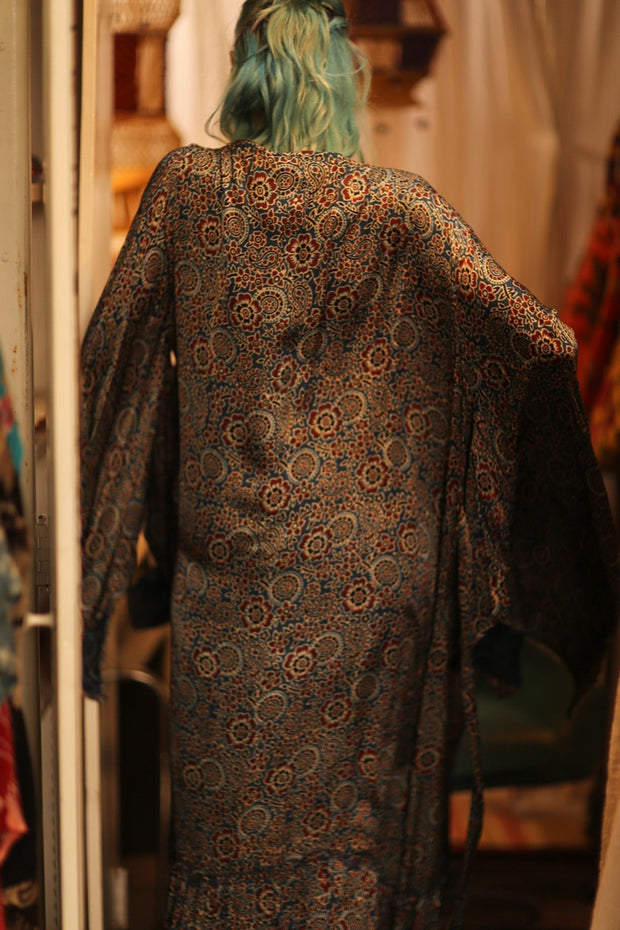 SILK HAND BLOCK PRINT KIMONO PINA BLUE LAGOOON - sustainably made MOMO NEW YORK sustainable clothing, Kimono slow fashion