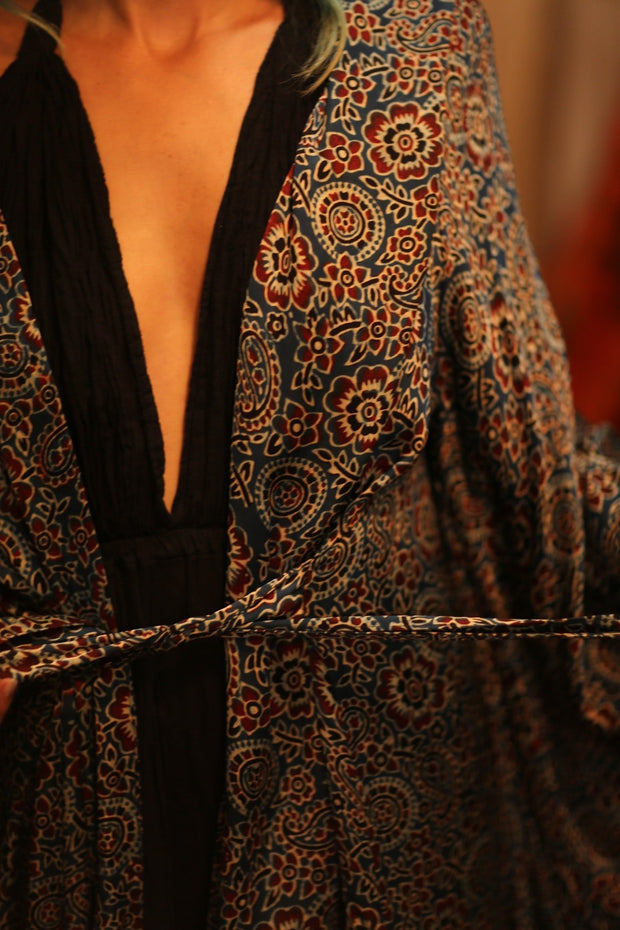 SILK HAND BLOCK PRINT KIMONO PINA BLUE LAGOOON - sustainably made MOMO NEW YORK sustainable clothing, Kimono slow fashion