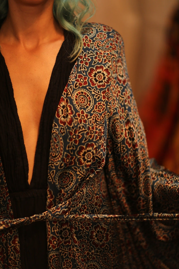 SILK HAND BLOCK PRINT KIMONO PINA BLUE LAGOOON - sustainably made MOMO NEW YORK sustainable clothing, Kimono slow fashion