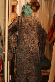 SILK HAND BLOCK PRINT KIMONO PINA BLUE LAGOOON - sustainably made MOMO NEW YORK sustainable clothing, Kimono slow fashion