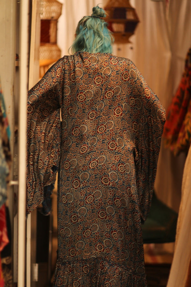 SILK HAND BLOCK PRINT KIMONO PINA BLUE LAGOOON - sustainably made MOMO NEW YORK sustainable clothing, Kimono slow fashion