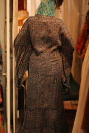 SILK HAND BLOCK PRINT KIMONO PINA BLUE LAGOOON - sustainably made MOMO NEW YORK sustainable clothing, Kimono slow fashion