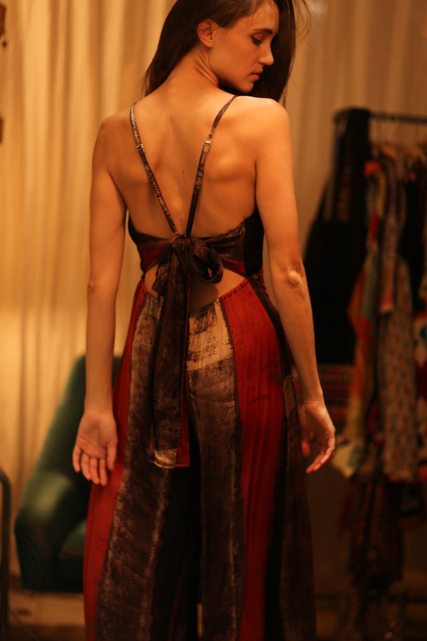SILK JUMPSUIT NEIS RED BROWN STRIPE - sustainably made MOMO NEW YORK sustainable clothing, jumpsuit slow fashion