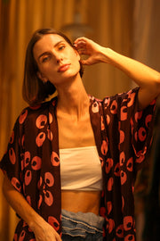 SILK KIMONO BROWN LITTLE PINK FLOWER - sustainably made MOMO NEW YORK sustainable clothing, kimono slow fashion