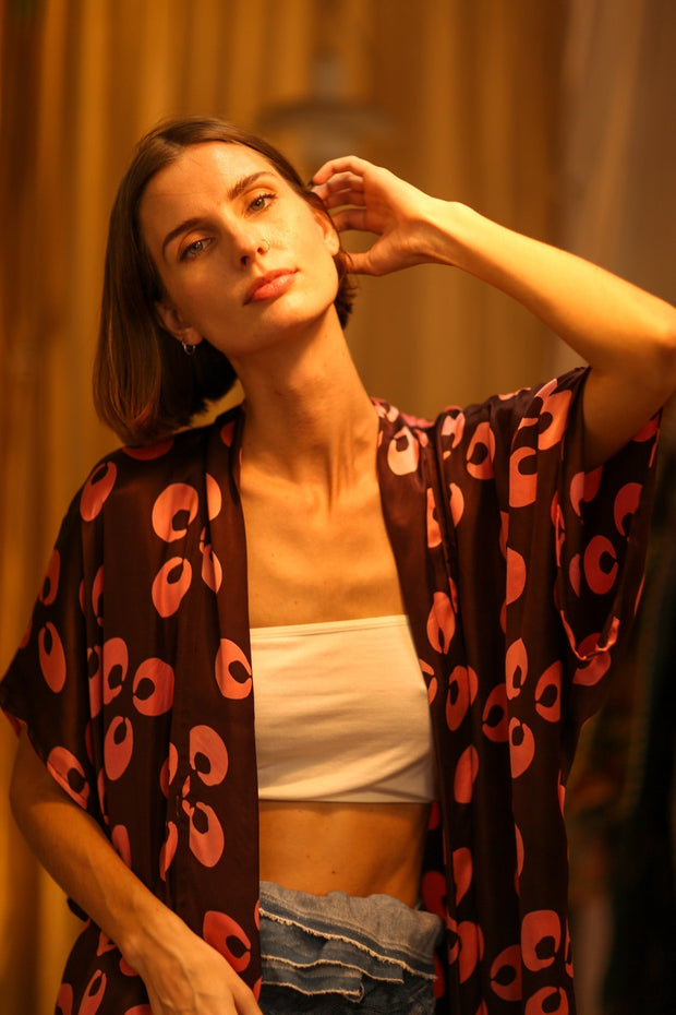SILK KIMONO BROWN LITTLE PINK FLOWER - sustainably made MOMO NEW YORK sustainable clothing, kimono slow fashion