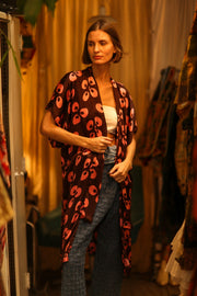 SILK KIMONO BROWN LITTLE PINK FLOWER - sustainably made MOMO NEW YORK sustainable clothing, kimono slow fashion