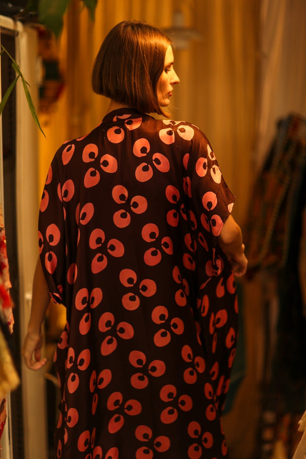 SILK KIMONO BROWN LITTLE PINK FLOWER - sustainably made MOMO NEW YORK sustainable clothing, kimono slow fashion