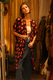SILK KIMONO BROWN LITTLE PINK FLOWER - sustainably made MOMO NEW YORK sustainable clothing, kimono slow fashion