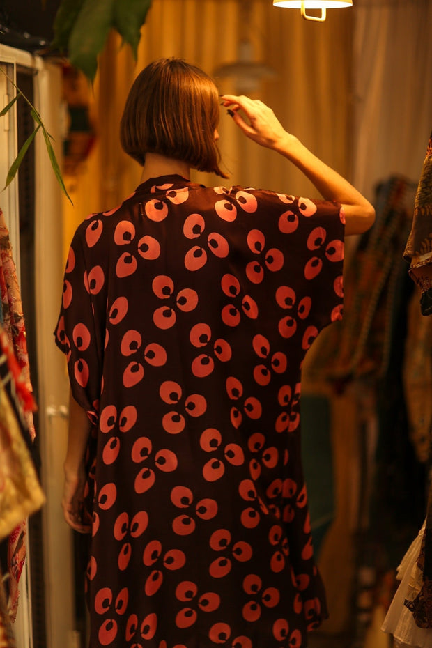 SILK KIMONO BROWN LITTLE PINK FLOWER - sustainably made MOMO NEW YORK sustainable clothing, kimono slow fashion