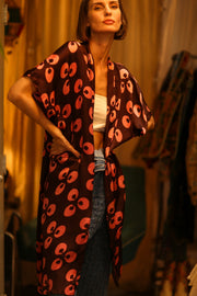 SILK KIMONO BROWN LITTLE PINK FLOWER - sustainably made MOMO NEW YORK sustainable clothing, kimono slow fashion