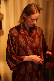 SILK KIMONO CHERRY RED FEATHER - sustainably made MOMO NEW YORK sustainable clothing, handmade slow fashion
