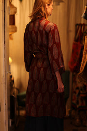 SILK KIMONO CHERRY RED FEATHER - sustainably made MOMO NEW YORK sustainable clothing, handmade slow fashion