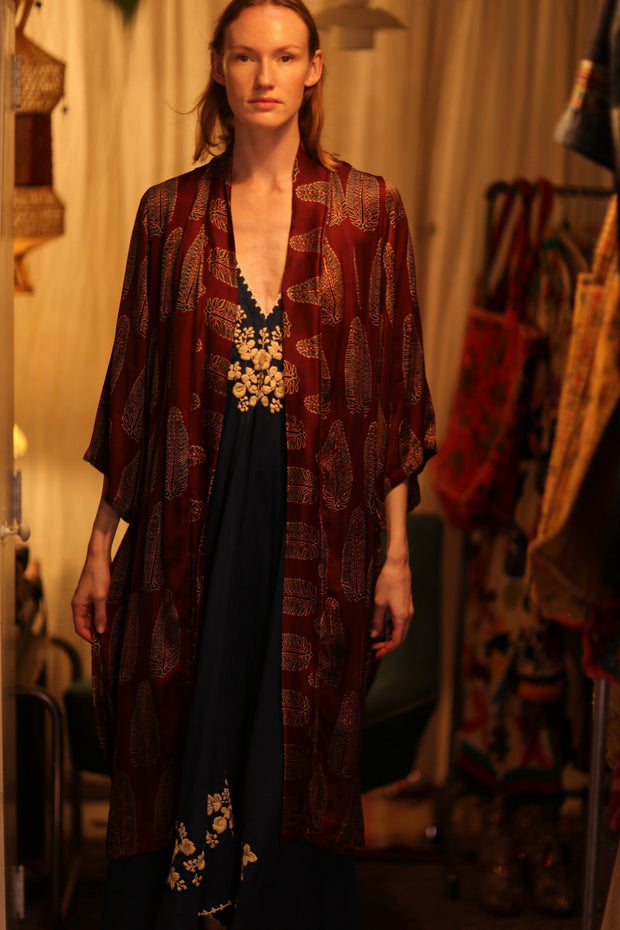 SILK KIMONO CHERRY RED FEATHER - sustainably made MOMO NEW YORK sustainable clothing, handmade slow fashion