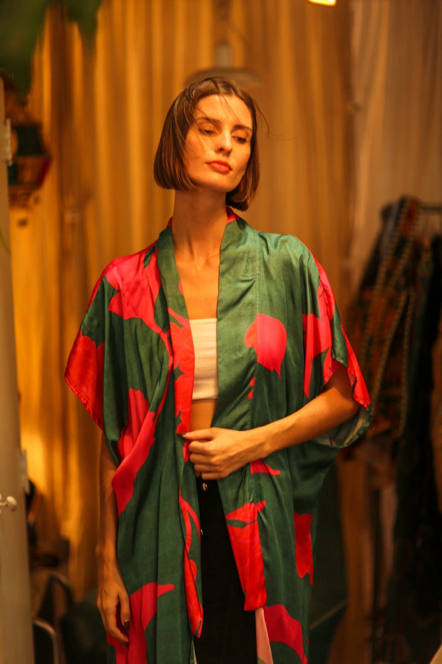 SILK KIMONO GREEN AND PINK - sustainably made MOMO NEW YORK sustainable clothing, kimono slow fashion