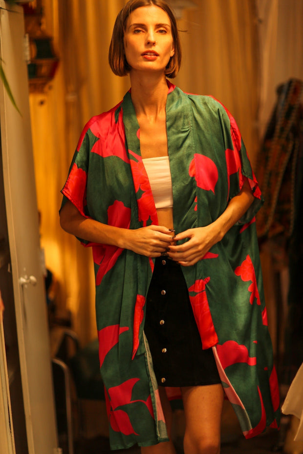 SILK KIMONO GREEN AND PINK - sustainably made MOMO NEW YORK sustainable clothing, kimono slow fashion