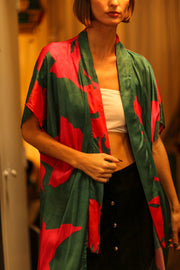 SILK KIMONO GREEN AND PINK - sustainably made MOMO NEW YORK sustainable clothing, kimono slow fashion