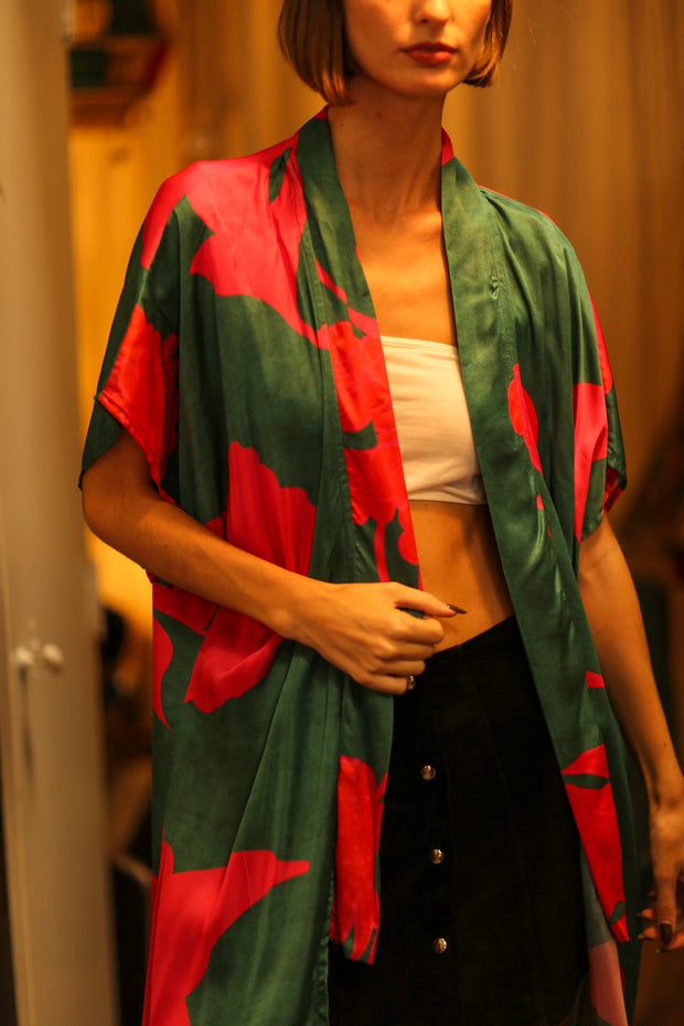 SILK KIMONO GREEN AND PINK - sustainably made MOMO NEW YORK sustainable clothing, kimono slow fashion