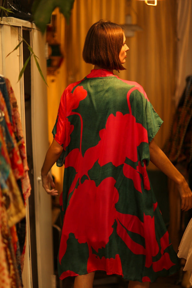 SILK KIMONO GREEN AND PINK - sustainably made MOMO NEW YORK sustainable clothing, kimono slow fashion