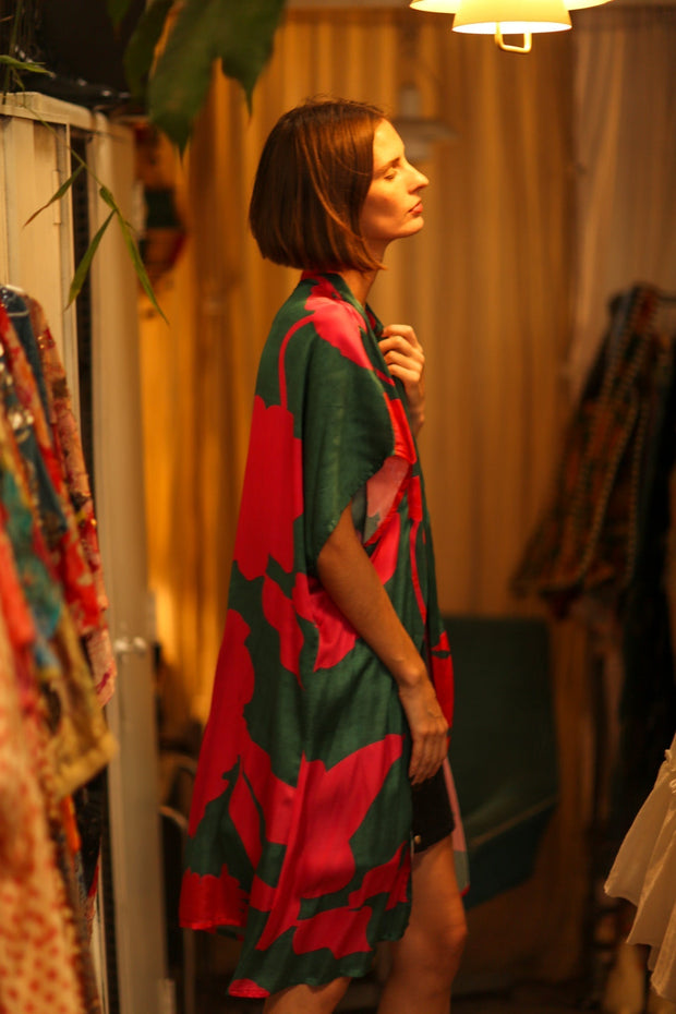 SILK KIMONO GREEN AND PINK - sustainably made MOMO NEW YORK sustainable clothing, kimono slow fashion