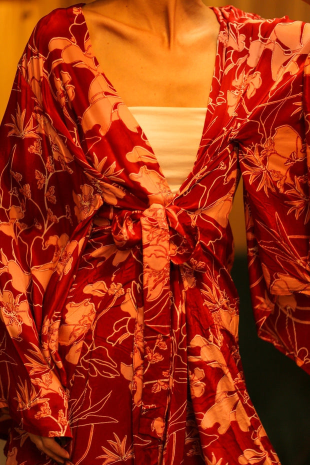 SILK KIMONO PINA PINK RED FLOWER - sustainably made MOMO NEW YORK sustainable clothing, bestseller slow fashion
