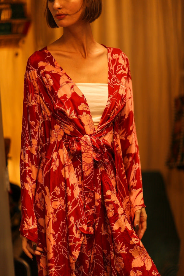 SILK KIMONO PINA PINK RED FLOWER - sustainably made MOMO NEW YORK sustainable clothing, bestseller slow fashion