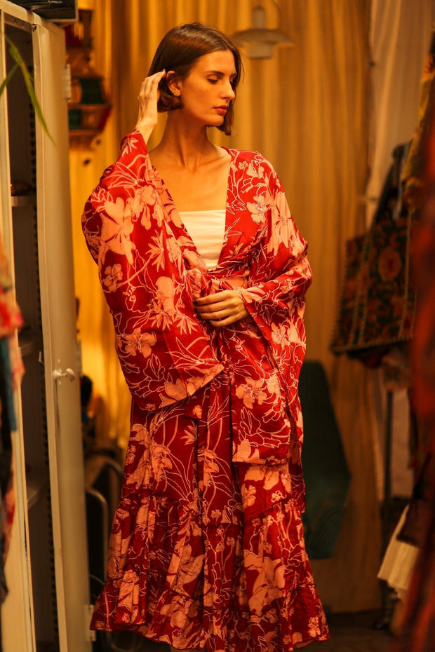 SILK KIMONO PINA PINK RED FLOWER - sustainably made MOMO NEW YORK sustainable clothing, bestseller slow fashion
