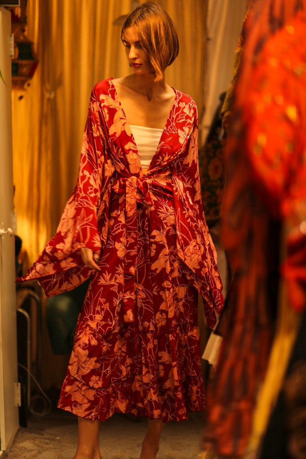 SILK KIMONO PINA PINK RED FLOWER - sustainably made MOMO NEW YORK sustainable clothing, bestseller slow fashion