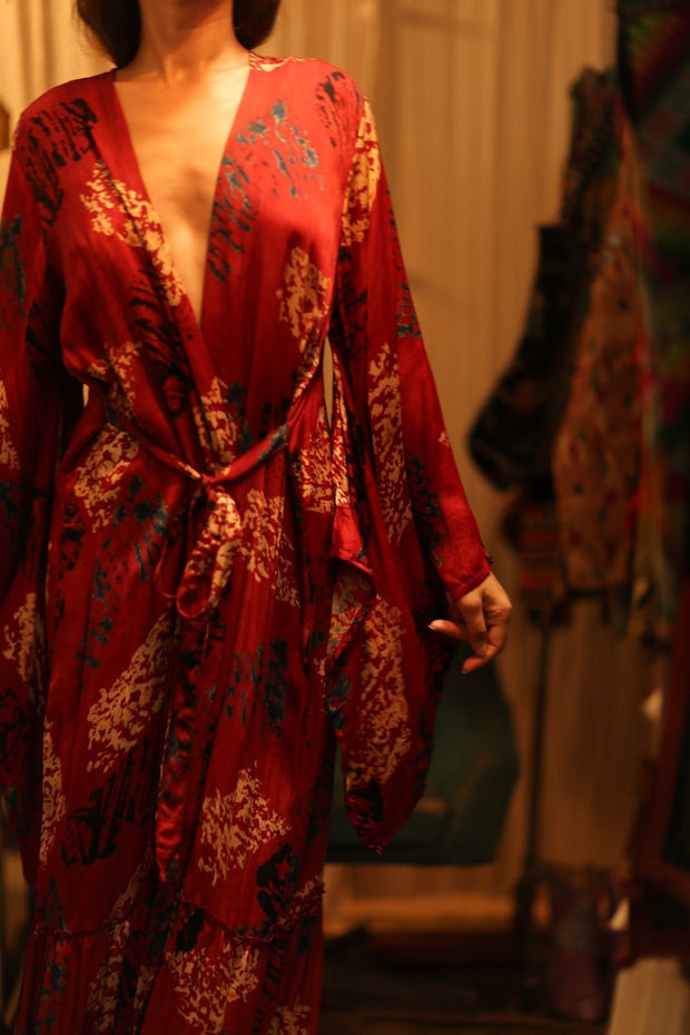 SILK KIMONO PINA RED JEAN - sustainably made MOMO NEW YORK sustainable clothing, Kimono slow fashion