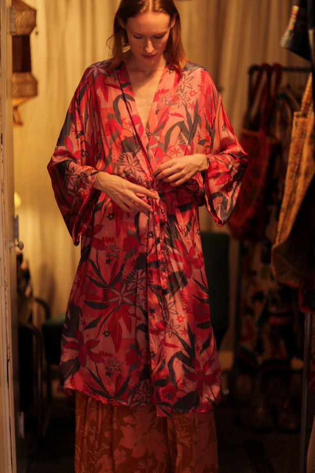 SILK KIMONO PINK JUNGLE - sustainably made MOMO NEW YORK sustainable clothing, handmade slow fashion
