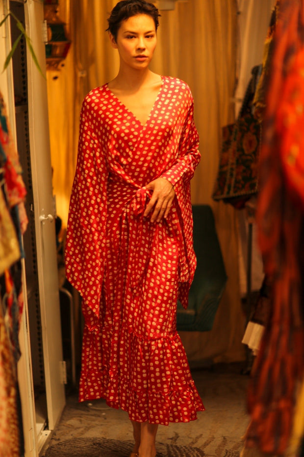 SILK RED POLKA DOT KIMONO PINA - sustainably made MOMO NEW YORK sustainable clothing, bestseller slow fashion
