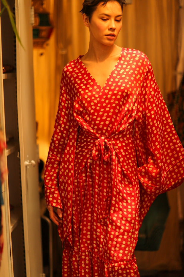SILK RED POLKA DOT KIMONO PINA - sustainably made MOMO NEW YORK sustainable clothing, bestseller slow fashion