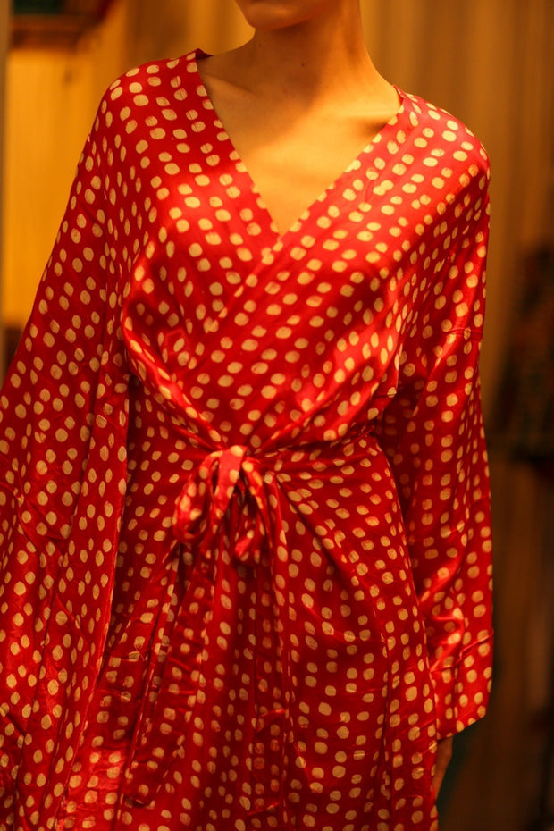 SILK RED POLKA DOT KIMONO PINA - sustainably made MOMO NEW YORK sustainable clothing, bestseller slow fashion