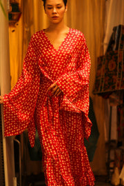SILK RED POLKA DOT KIMONO PINA - sustainably made MOMO NEW YORK sustainable clothing, bestseller slow fashion