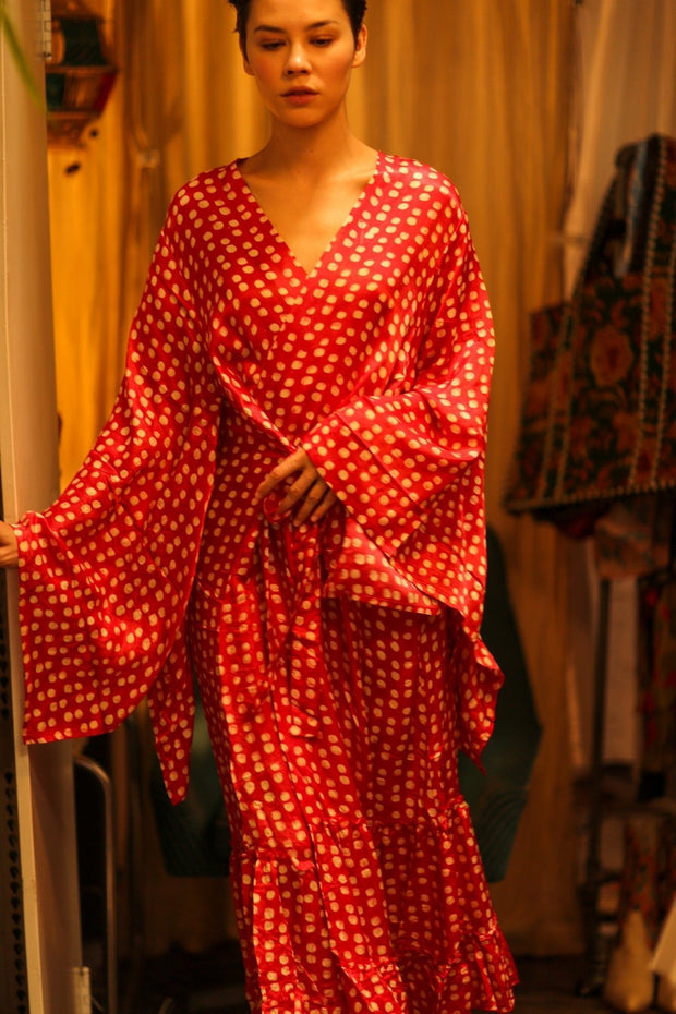 SILK RED POLKA DOT KIMONO PINA - sustainably made MOMO NEW YORK sustainable clothing, bestseller slow fashion