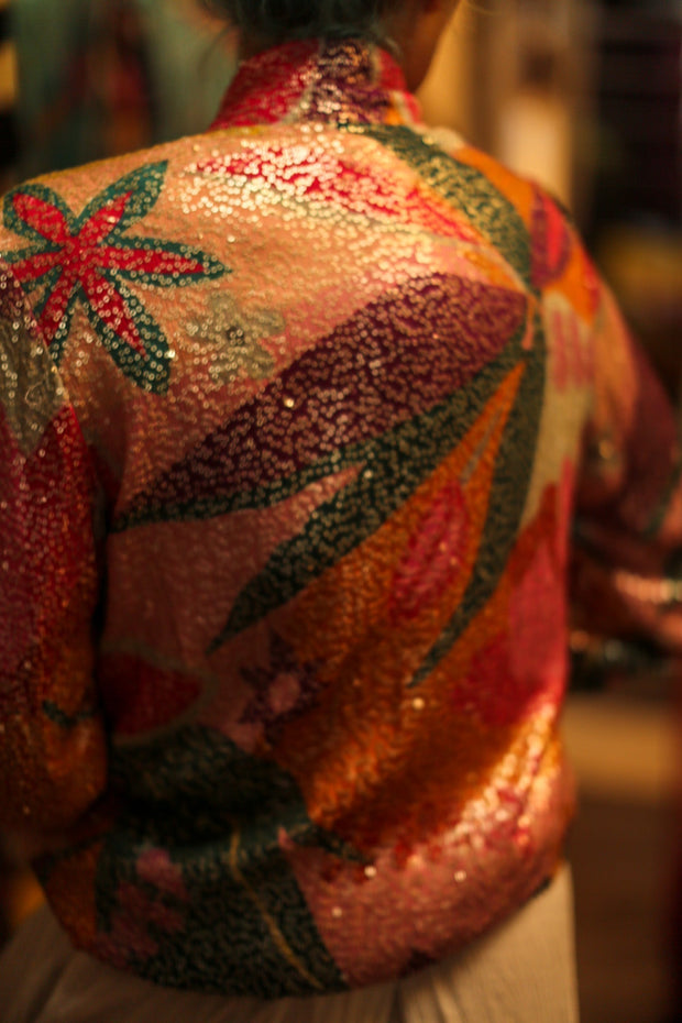 SILK SEQUIN EMBROIDERED BOMBER JACKET BANOU - sustainably made MOMO NEW YORK sustainable clothing, bestseller slow fashion