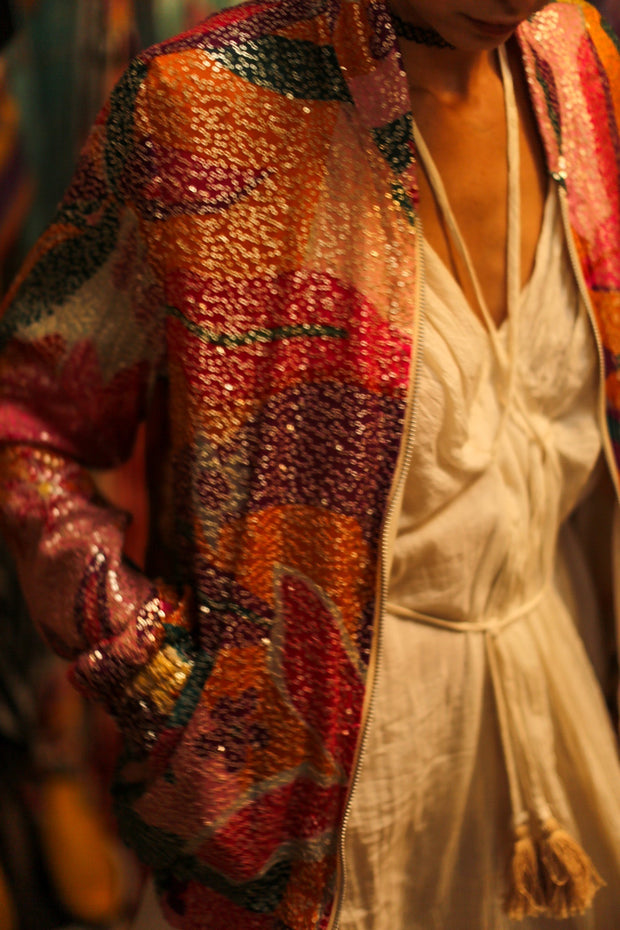 SILK SEQUIN EMBROIDERED BOMBER JACKET BANOU - sustainably made MOMO NEW YORK sustainable clothing, bestseller slow fashion