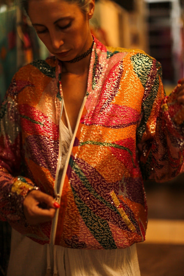 SILK SEQUIN EMBROIDERED BOMBER JACKET BANOU - sustainably made MOMO NEW YORK sustainable clothing, bestseller slow fashion