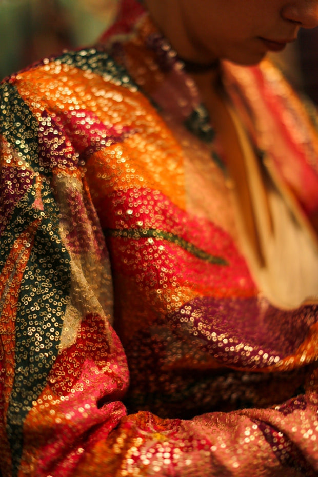 SILK SEQUIN EMBROIDERED BOMBER JACKET BANOU - sustainably made MOMO NEW YORK sustainable clothing, bestseller slow fashion