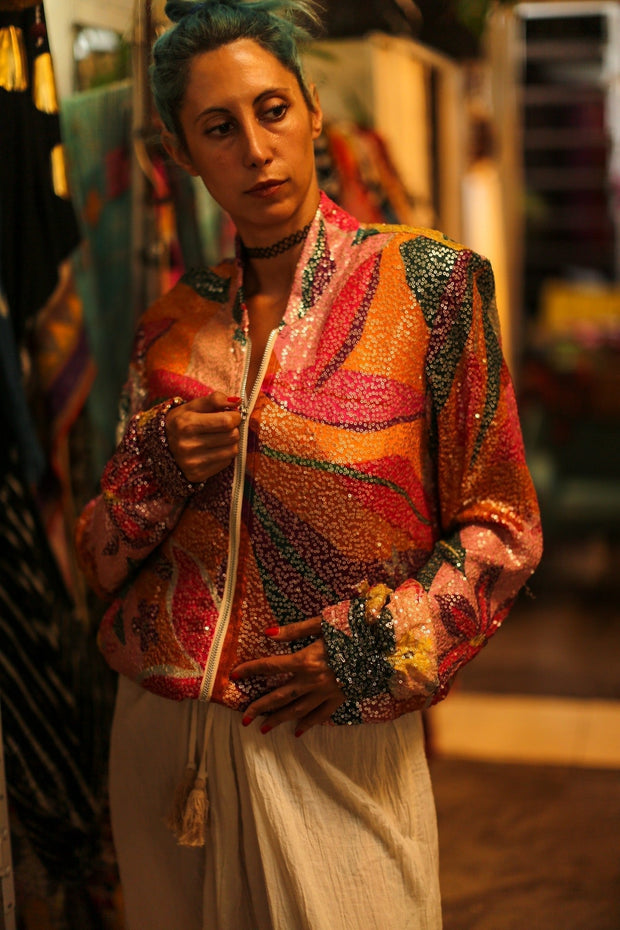 SILK SEQUIN EMBROIDERED BOMBER JACKET BANOU - sustainably made MOMO NEW YORK sustainable clothing, bestseller slow fashion