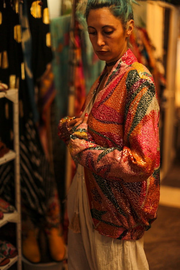 SILK SEQUIN EMBROIDERED BOMBER JACKET BANOU - sustainably made MOMO NEW YORK sustainable clothing, bestseller slow fashion