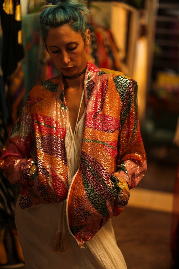 SILK SEQUIN EMBROIDERED BOMBER JACKET BANOU - sustainably made MOMO NEW YORK sustainable clothing, bestseller slow fashion