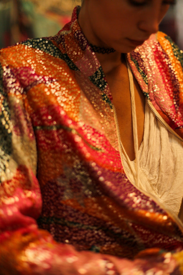 SILK SEQUIN EMBROIDERED BOMBER JACKET BANOU - sustainably made MOMO NEW YORK sustainable clothing, bestseller slow fashion